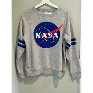 Mighty Fine‎ Gray NASA Logo Sweatshirt Women's Medium Blue Stripe Sleeve